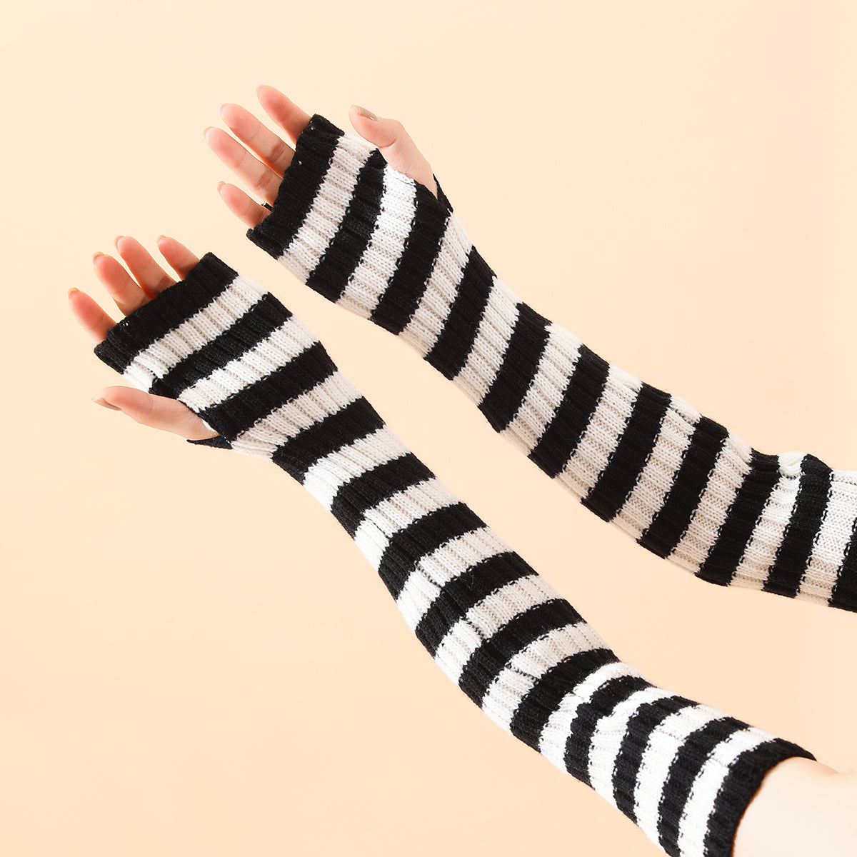 50cm Grils Women Y2K Lolita Solid Color Striped Warm Knit Fingerless Gloves Arm Warmer For Daily Party