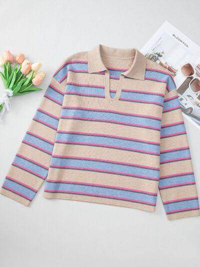 Johnny Collar Long Sleeve Stripe Sweater for Women