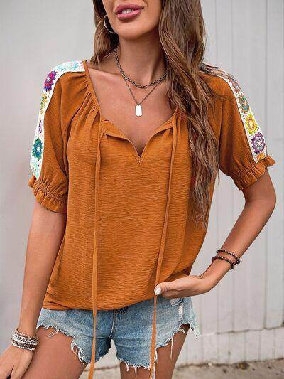 Perfee Tied Crochet Detail Short Sleeve Blouse for Women