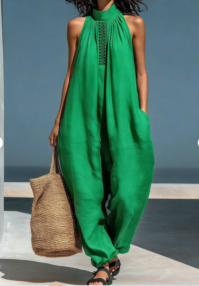 Women's Solid Color Stand-up Collar Sleeveless Casual Loose Jumpsuit
