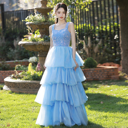Women's Blue Halter Wedding Gown Birthday Host