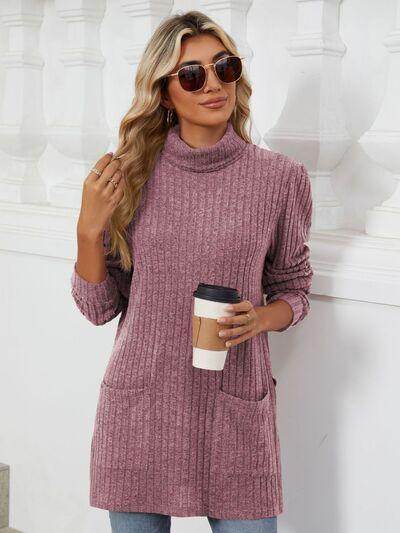 Slit Mock Neck Long Sleeve T-Shirt for Women with Pocket