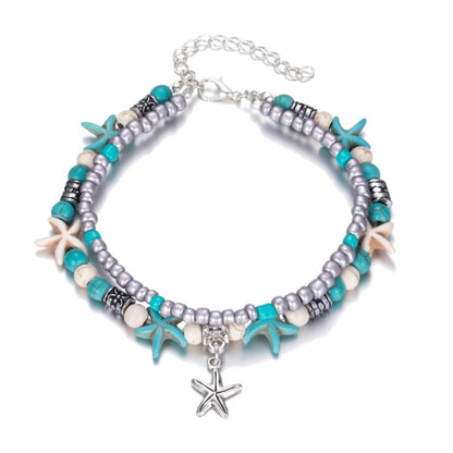 Retro Rice Grain Pearl Turtle Scallop Alloy Pendant Anklet
