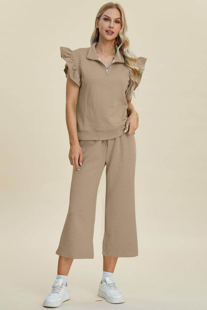 Double Take Full Size Texture Ruffle Top and Pants Set