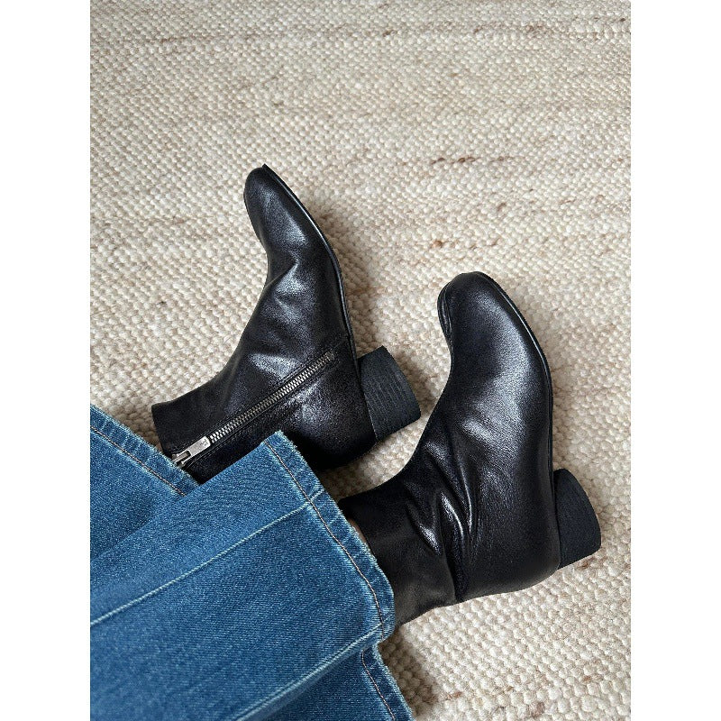 Womens Black Mid-calf Fashion Boots With Chunky Heels
