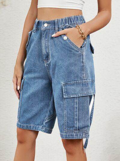 Buttoned Elastic Waist Denim Shorts with Pockets for Women