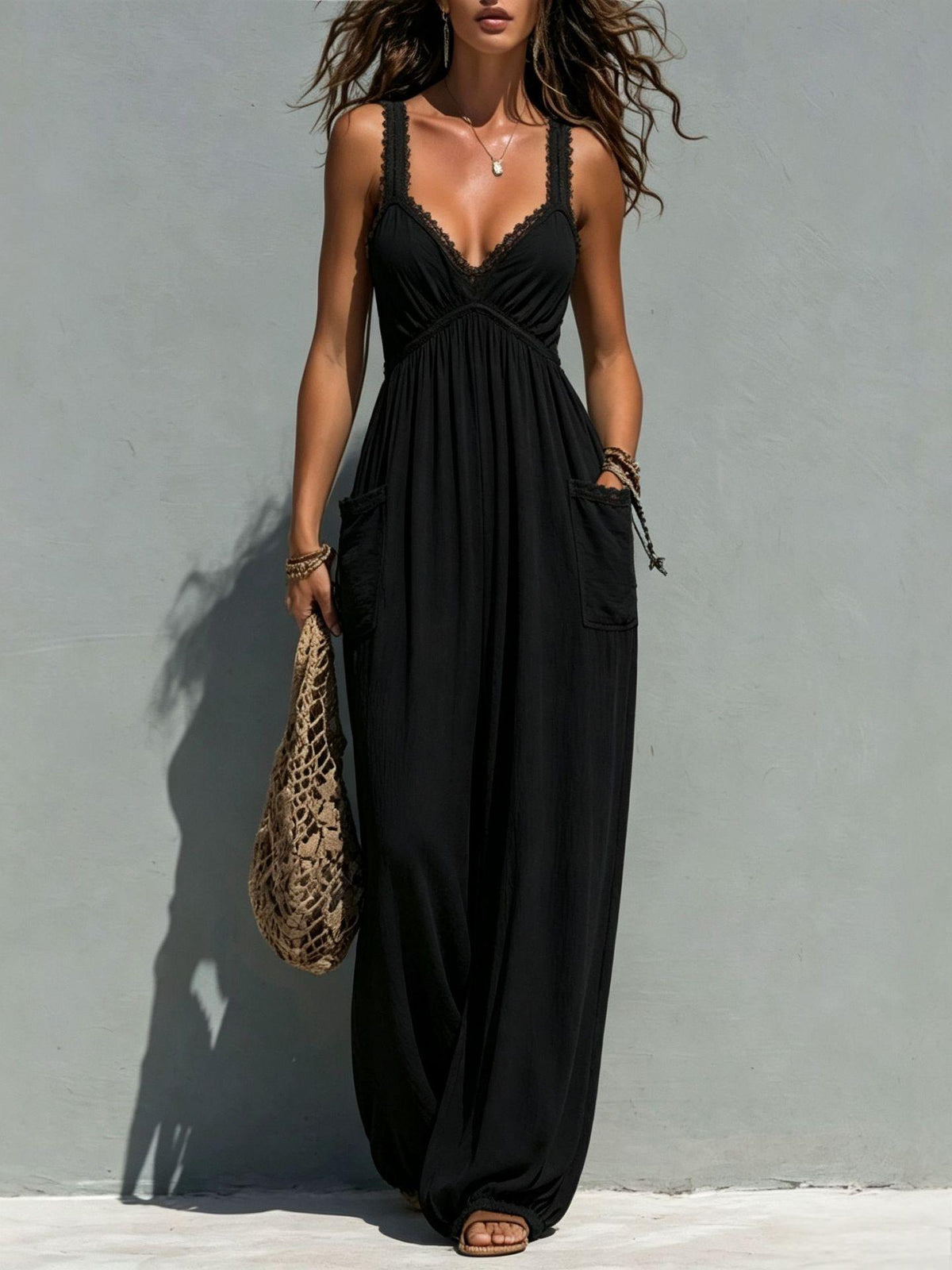 Womens Solid-color Strapless Sleeveless Jumpsuit