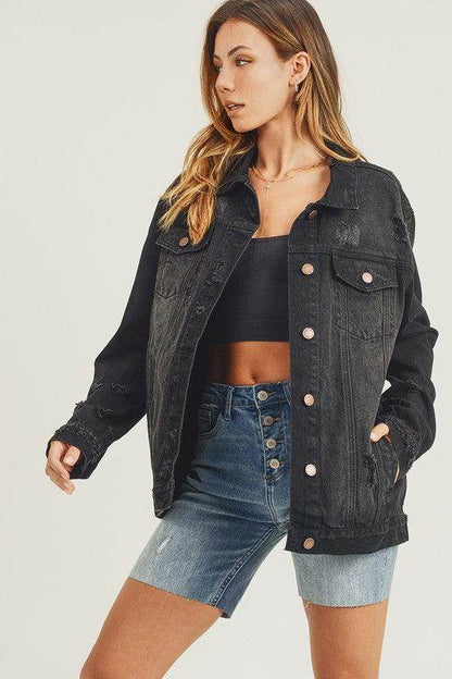 RISEN Full Size Distressed Long Sleeve Denim Jacket for Women