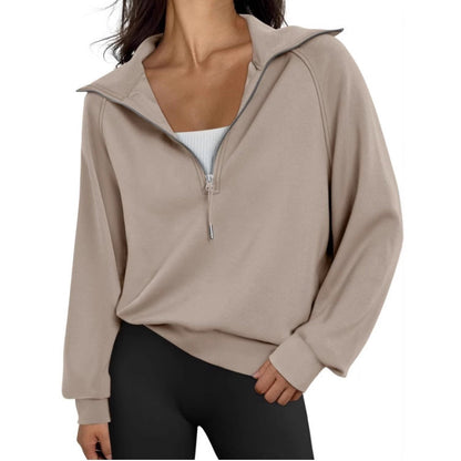 Women's Short Stand-collar Half-zip Fleece-lined Solid-color Sweatshirt