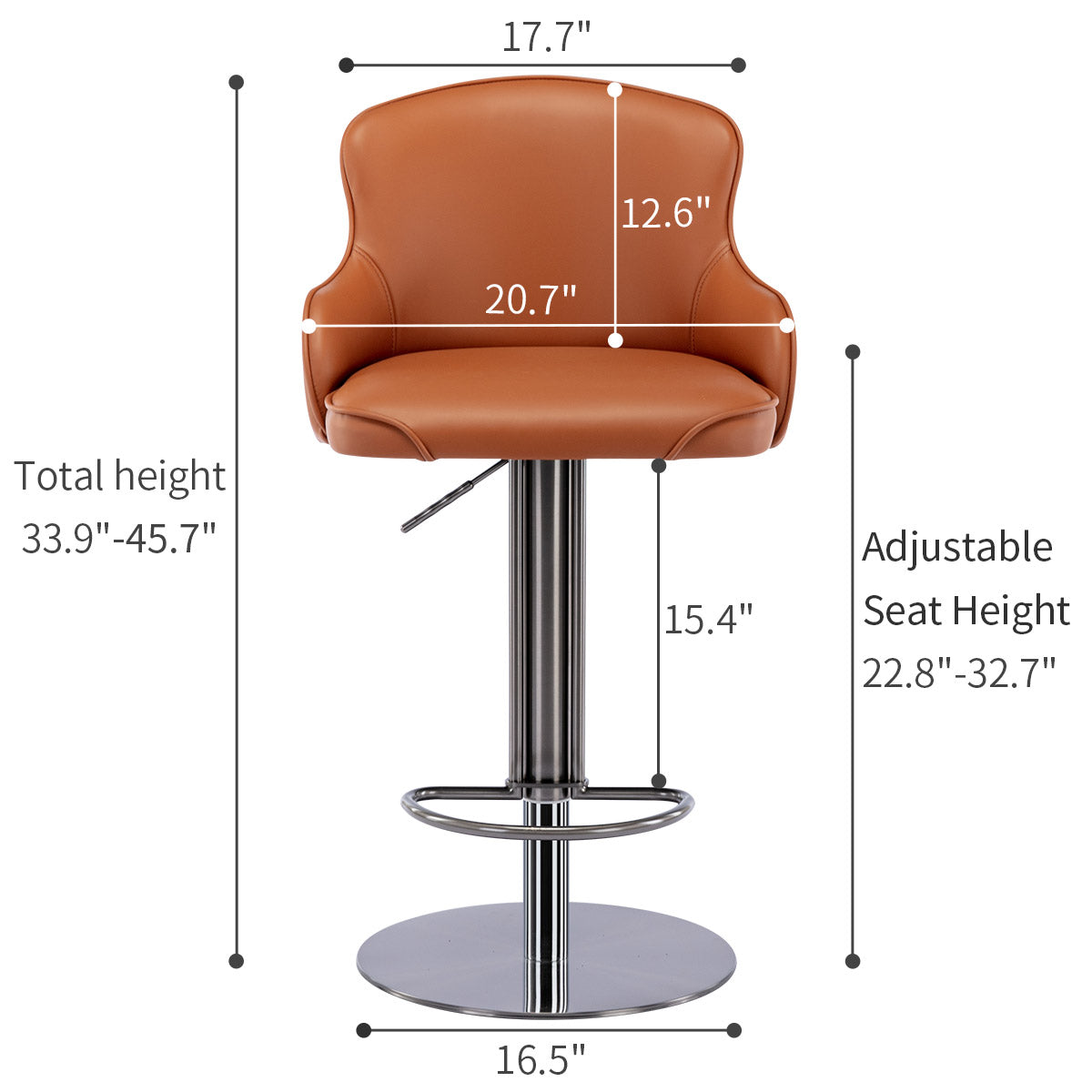 Modern leather bar chair with black titanium stainless steel backrest, adjustable height by rotation (1 piece in brown)
