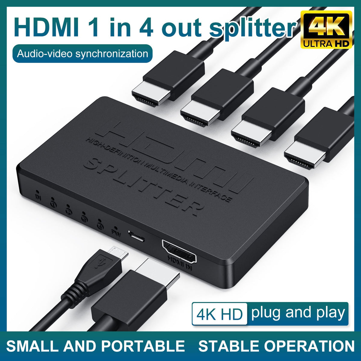 HDMI splitter 1/4 4K mini HDMI 1/4 splitter HD video on screen