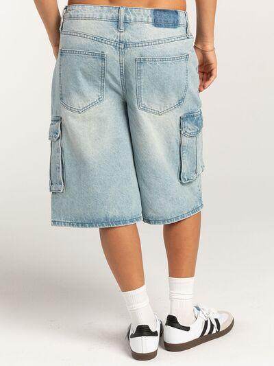 Mid-Rise Waist Denim Shorts with Pockets for Women