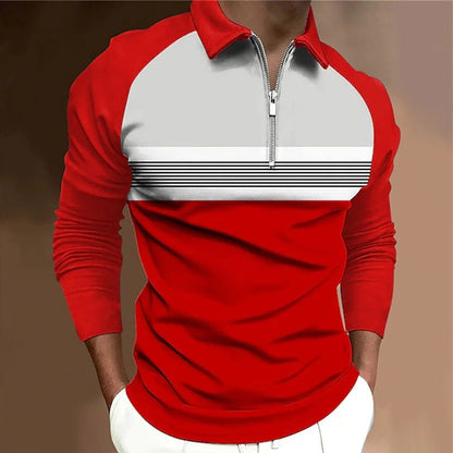 Men's Long Sleeve Color Block Zipper Polo Shirt