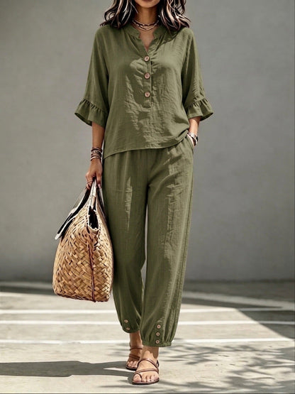Three-quarter-sleeve Top And Cropped Pants Two-piece Set