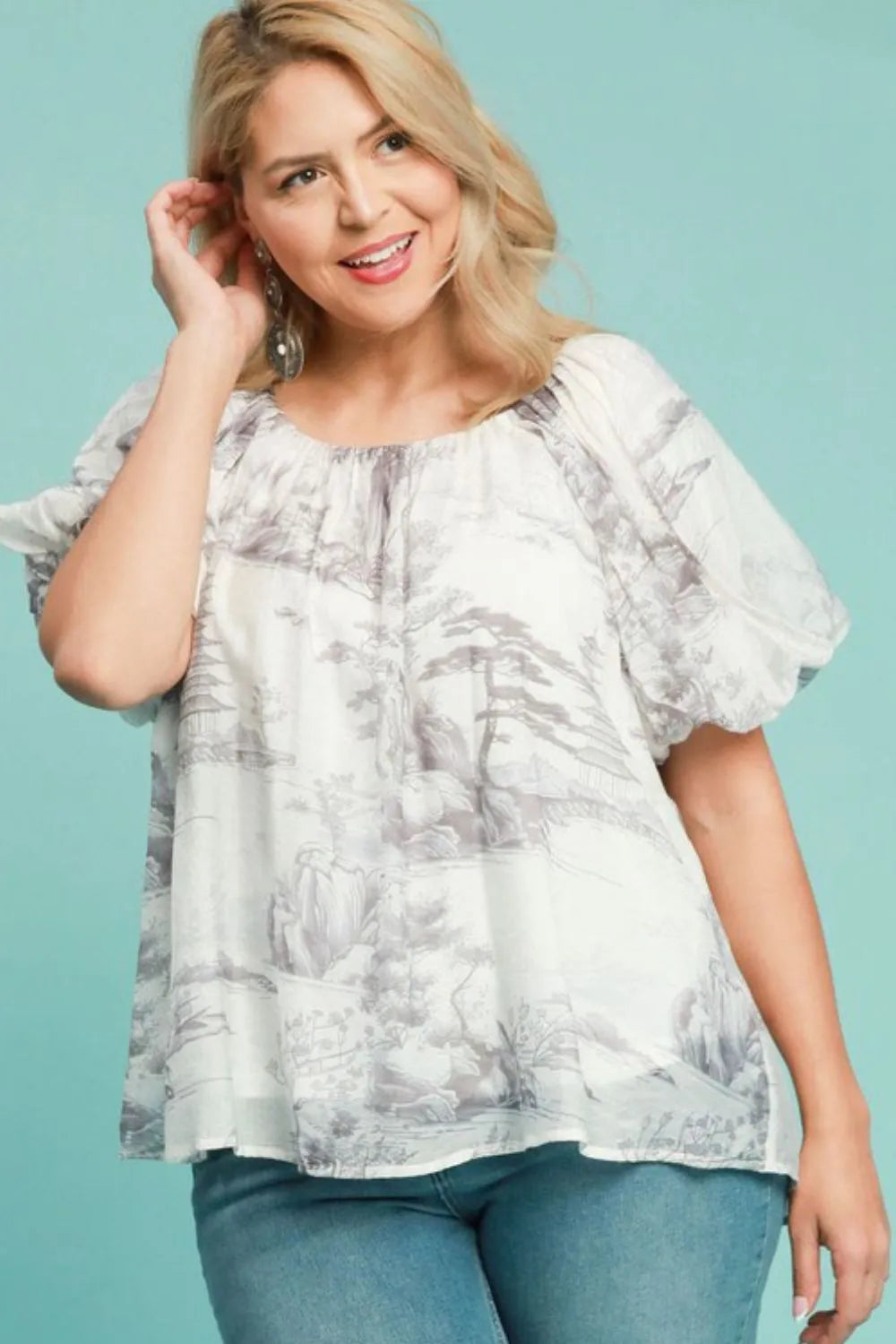 Umgee Full Size Two Tone Toile Print Top Plus Size