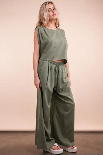 VERY J Solid Woven Top & Pants Set