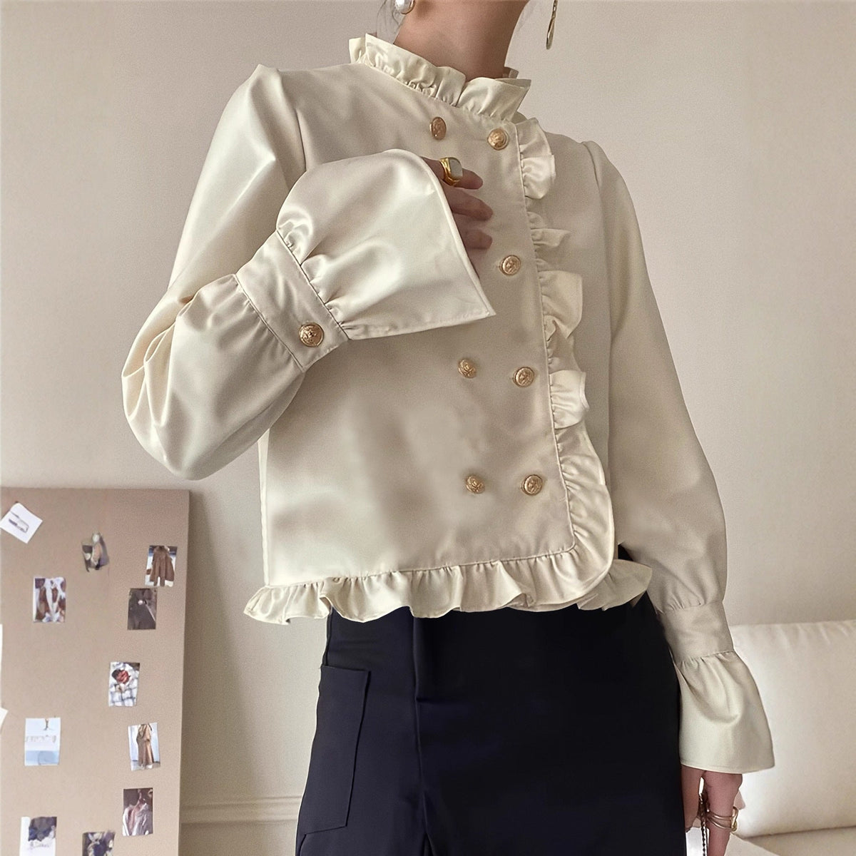Long-sleeve Double-breasted Loose-fitting Versatile Top With Ruffled Hem