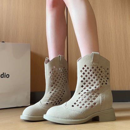 Women Vintage Retro Hollow Perforated Western Cowboy Booties Matching Casual Daily