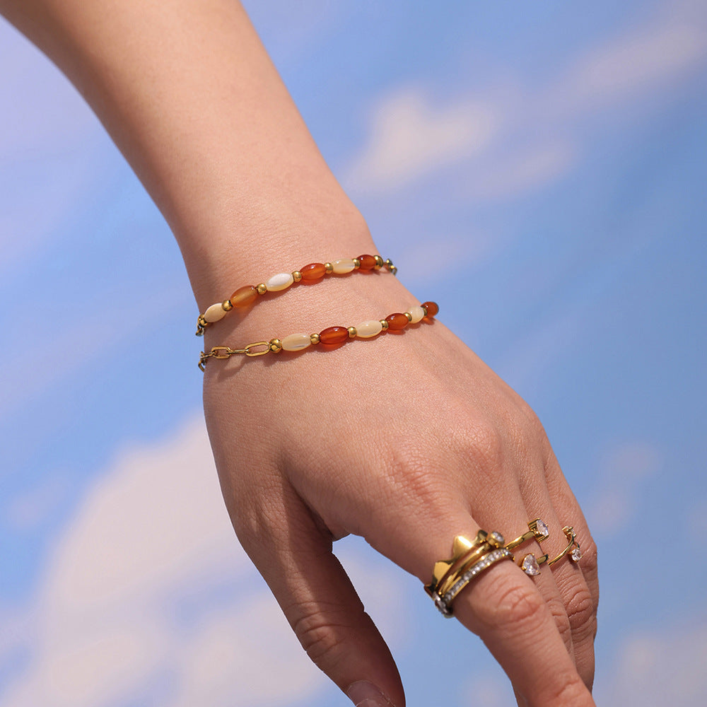 Natural Agate Shell Bead Necklace Stainless Steel