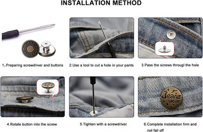 15 Sets of Jeans Buttons, 17mm No-Sew Nailess Removable Metal Jeans Button Replacement Repair Combo Thread Rivets and Screwdrivers