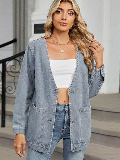 Pocketed V-Neck Button Up Denim Jacket for Stylish Looks