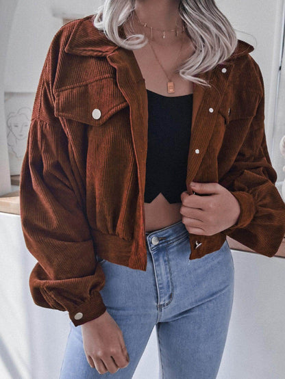 Lantern Sleeve Cropped Corduroy Jacket for Stylish Comfort