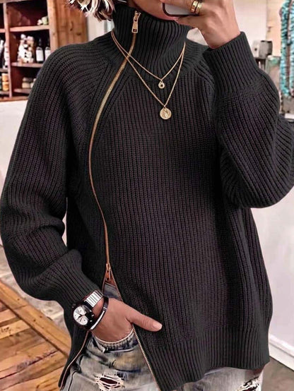 Solid-color Turtleneck Long-sleeve Loose-fit Knit Top With A Side Zipper