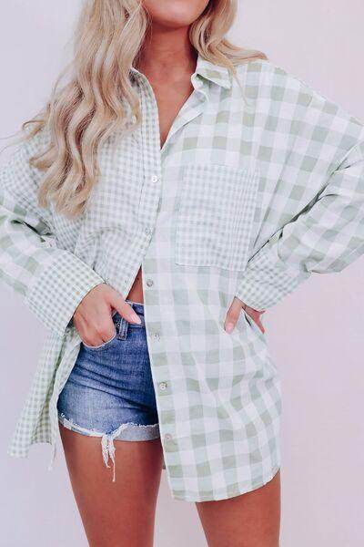 Pocketed Plaid Collared Neck Long Sleeve Shirt for Women