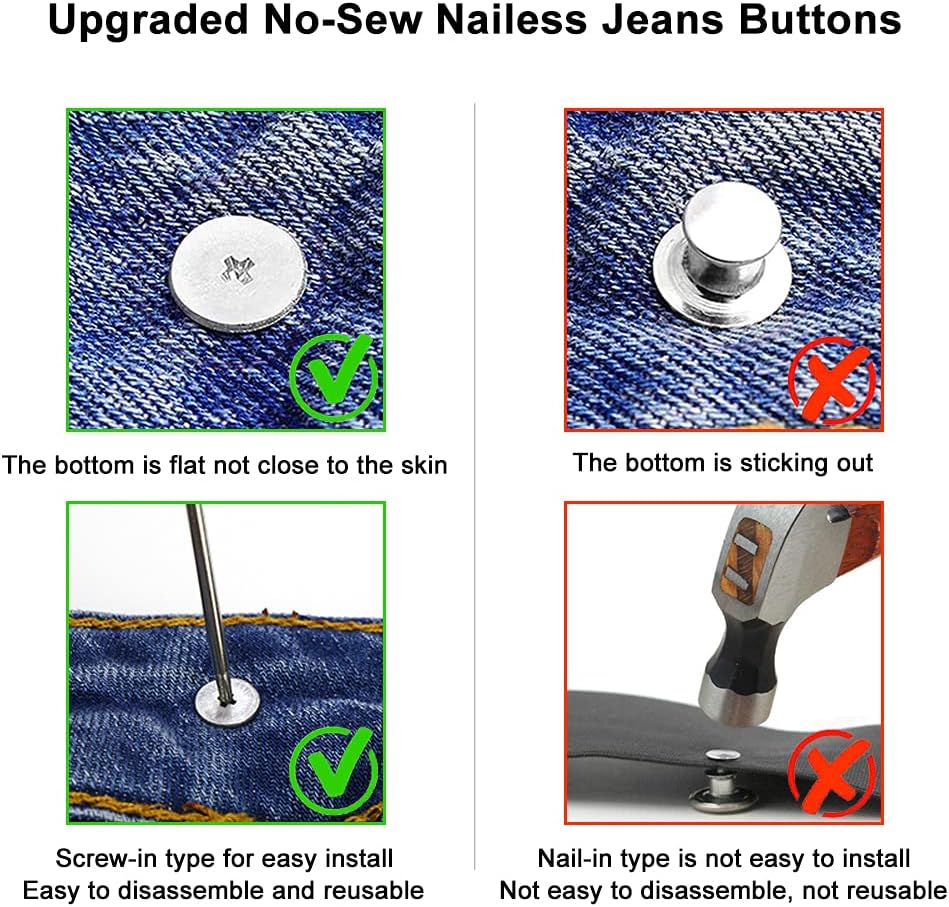 15 Sets of Jeans Buttons, 17mm No-Sew Nailess Removable Metal Jeans Button Replacement Repair Combo Thread Rivets and Screwdrivers
