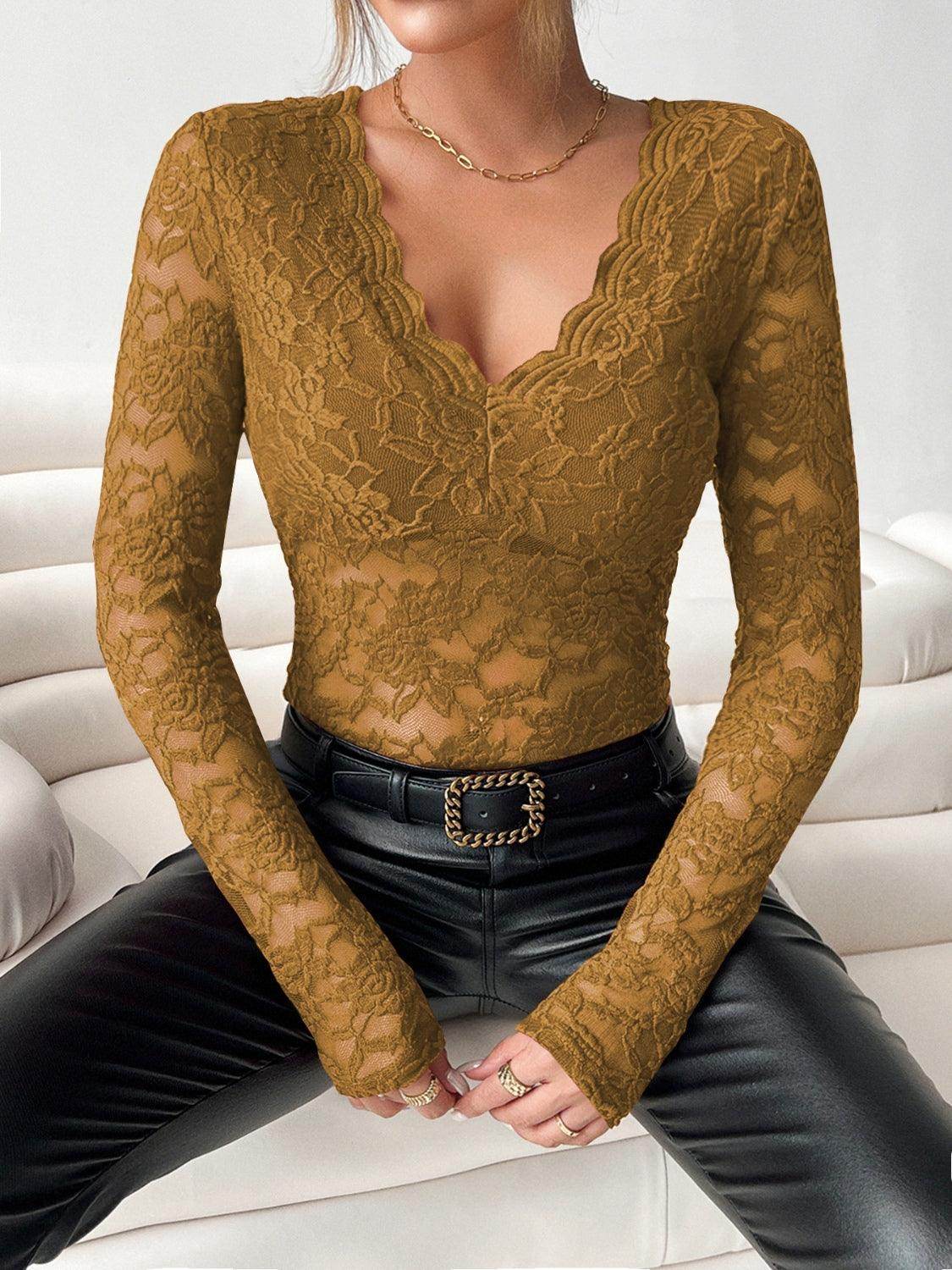 V-Neck Long Sleeve Lace Top for Women in Various Sizes