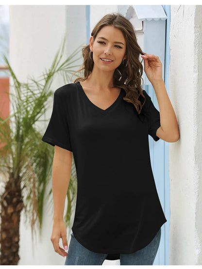 Full Size Solid V-Neck Short Sleeve T-Shirt Plus Size