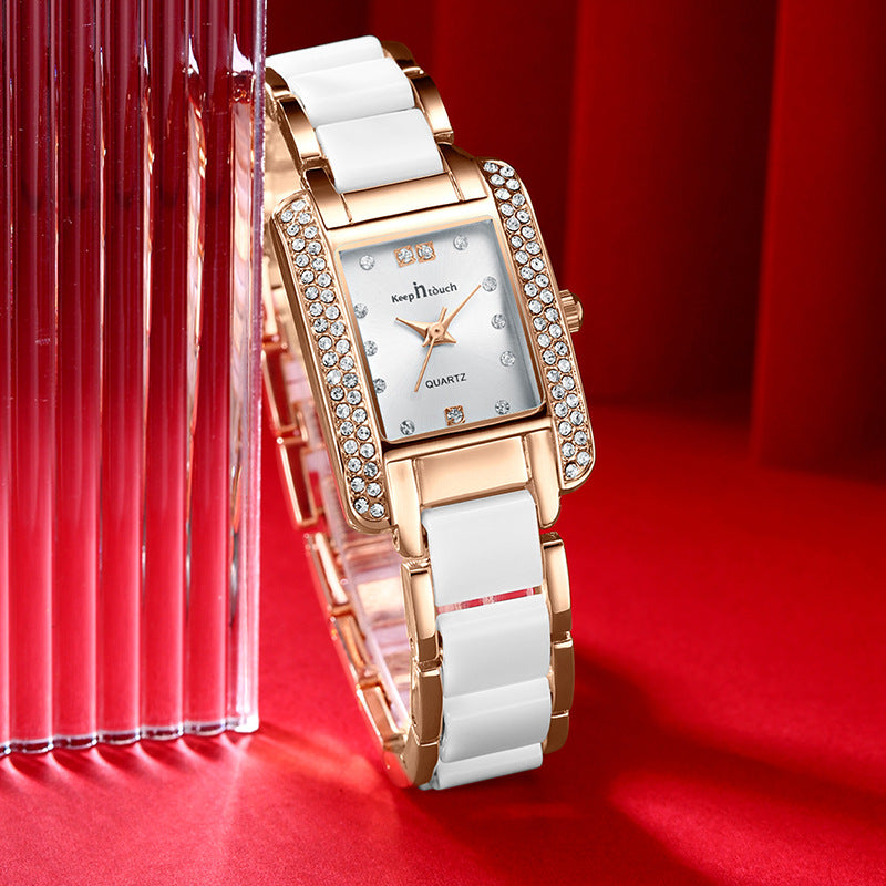 New Womens High End Quartz Square Watch With Ceramic Look And Diamond Accents