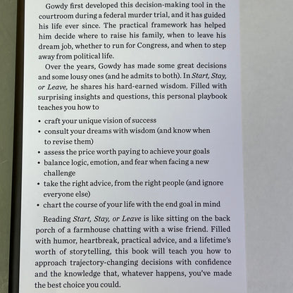 START, STAY, OR LEAVE The Art Of Decision Making By Trey Gowdy Hardback Book