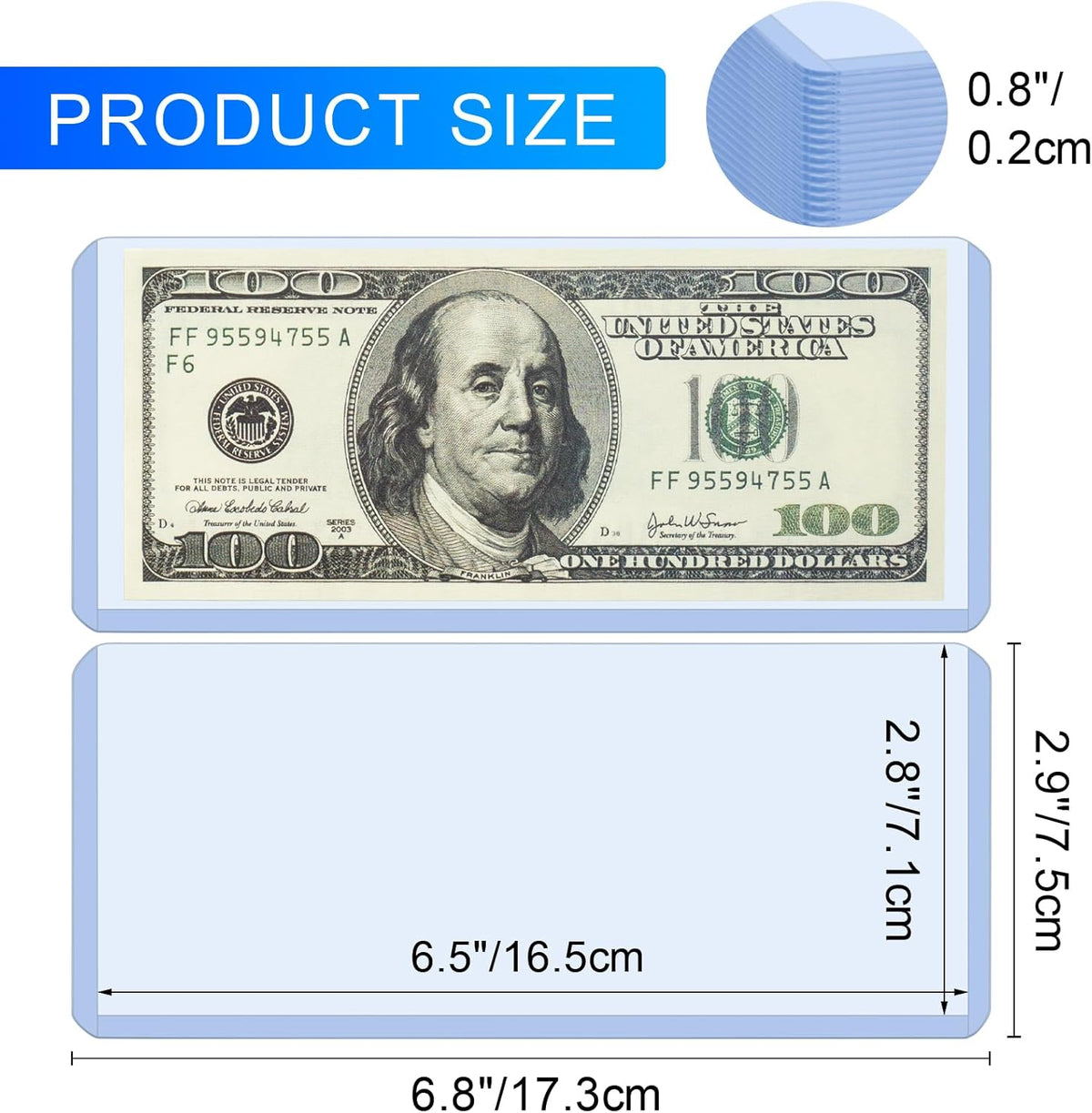 20 Pack Dollar Bill Sleeves - 6.8" X 2.9" Clear Currency Sleeves, Hard Plastic Waterproof Money Holders, Dollar Bill Display Case, Currency Protectors, Organizer for Collectors