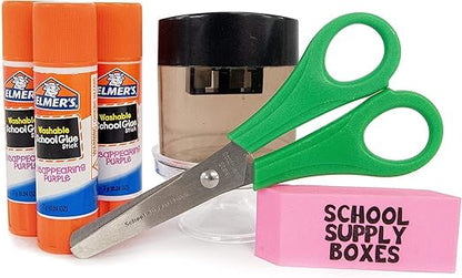 Back to School Supply Box Grades K-5 - School Supply Boxes - 32 Piece School Supplies Kit Includes Markers, Crayons, Pencils, Scissors, Folders, Glue Sticks, Notebook, and Composition Book