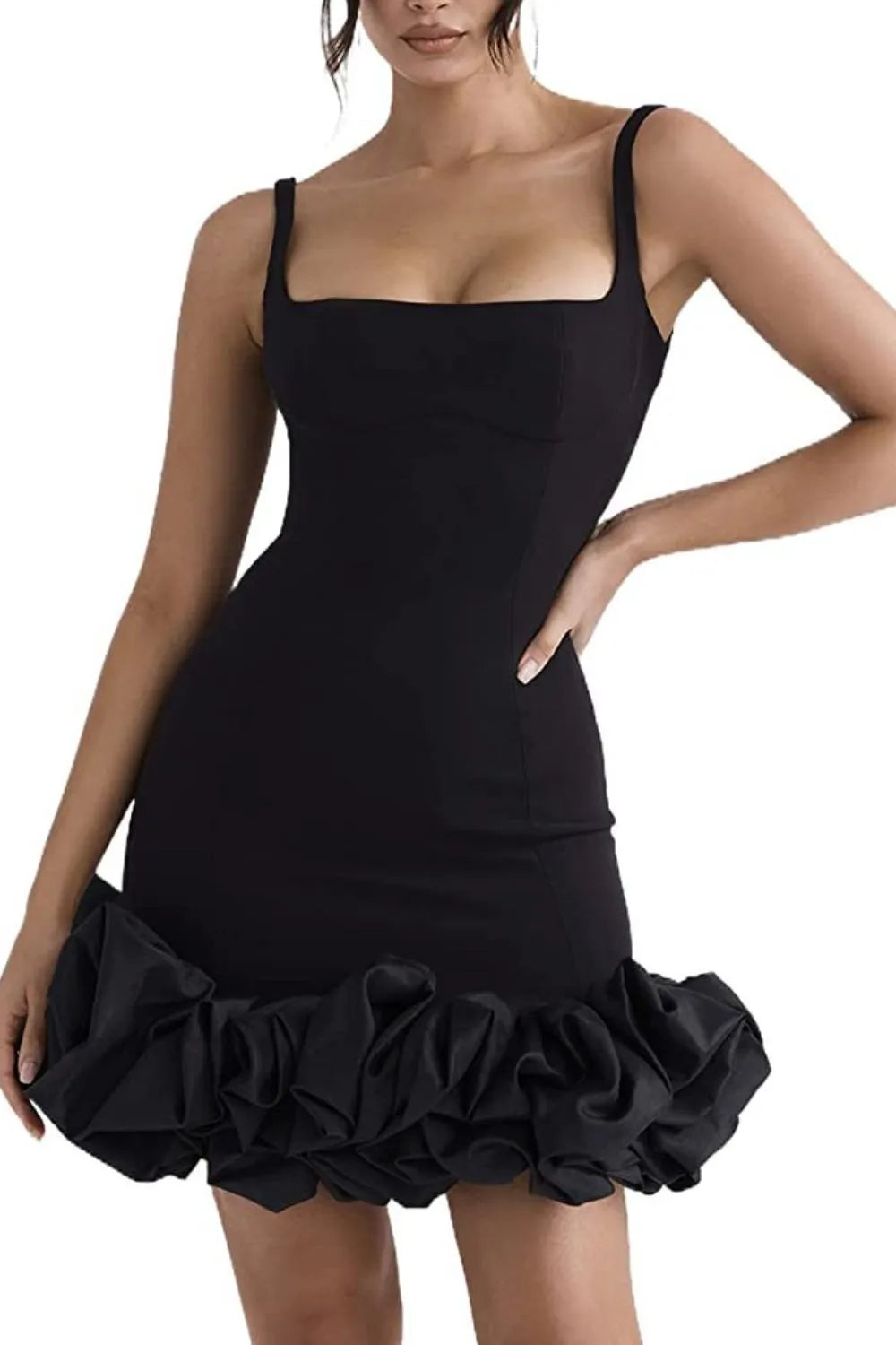 Ruched Square Neck Sleeve Mini Dress