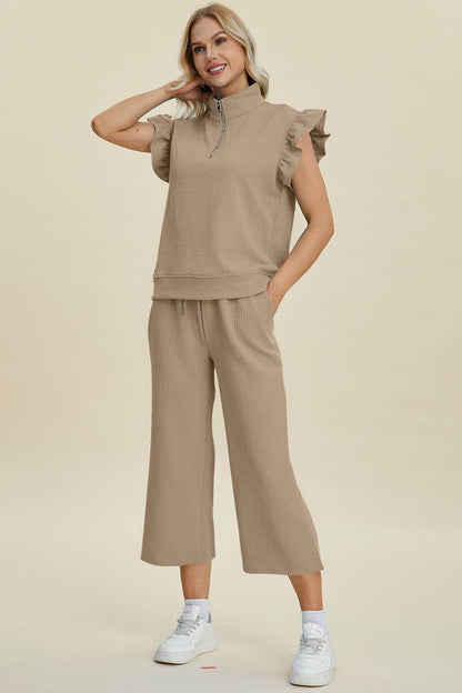 Double Take Full Size Texture Ruffle Top and Pants Set