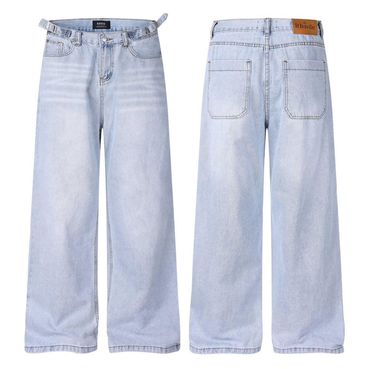 Retro Washed Distressed Jeans With A Waistband Buckle And Elastic Unisex