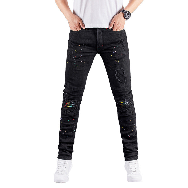 Stretch Black Jeans Biker-style Assorted Styles Patchwork Painted Effect