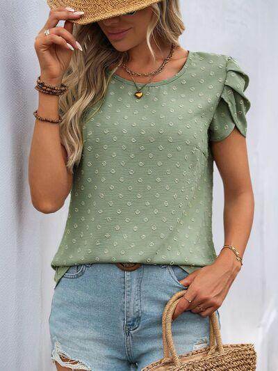 Perfee Swiss Dot Round Neck Petal Sleeve Blouse for Women