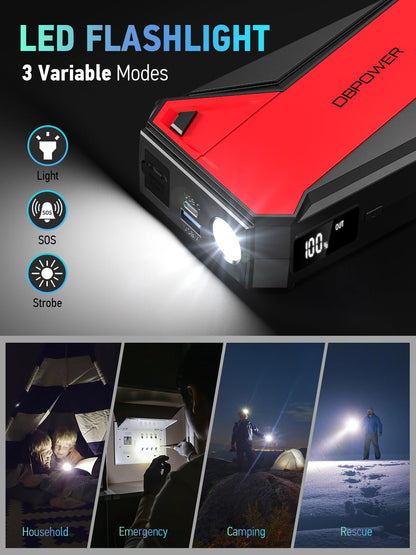 DBPOWER Peak 3000A 18000mAh Portable Car Jump Starter (up to 8.0L Gas, 6.0L Diesel Engine) Battery Booster with Smart Charging Port, Compass, LCD Screen and LED Light (Black/Red)