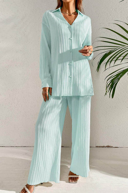 Johnny Collar Button Down Top and Pants Set for Women