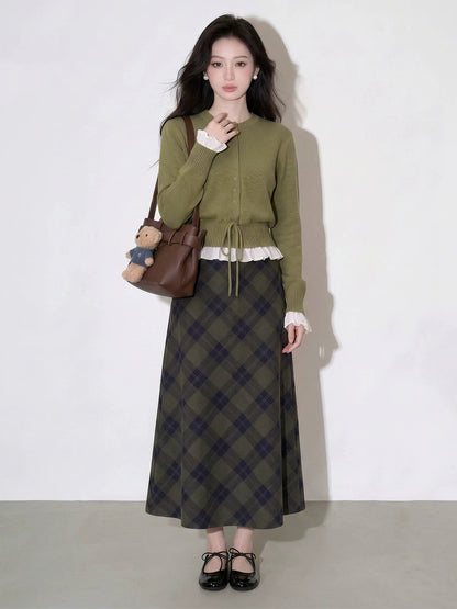 Knitted Cardigan And Plaid Skirt Two-piece Set For Women