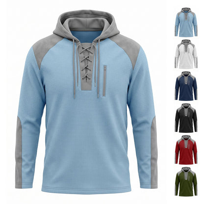 Cross-border TK Men's Waffle Pattern Color-blocked Hoodie, European And American Style, With Drawstring, Plus-size Long-sleeve Top, Casual Pullover Sweatshirt