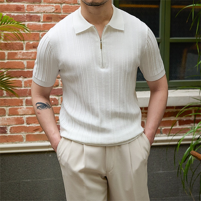 Slim Fit Sunken Stripe Knit Short Sleeve