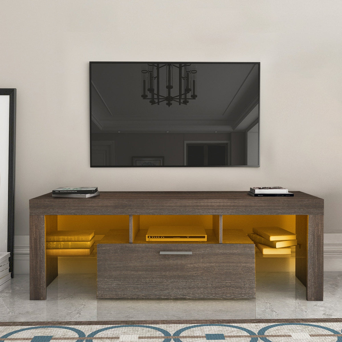 20 minutes quick assembly brown simple modern TV stand Brown TV bracket with LED Color Changing Lights for Living Room