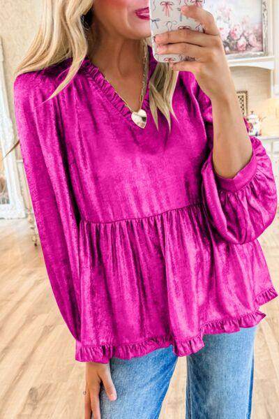 Frill V-Neck Long Sleeve Blouse for Stylish Women