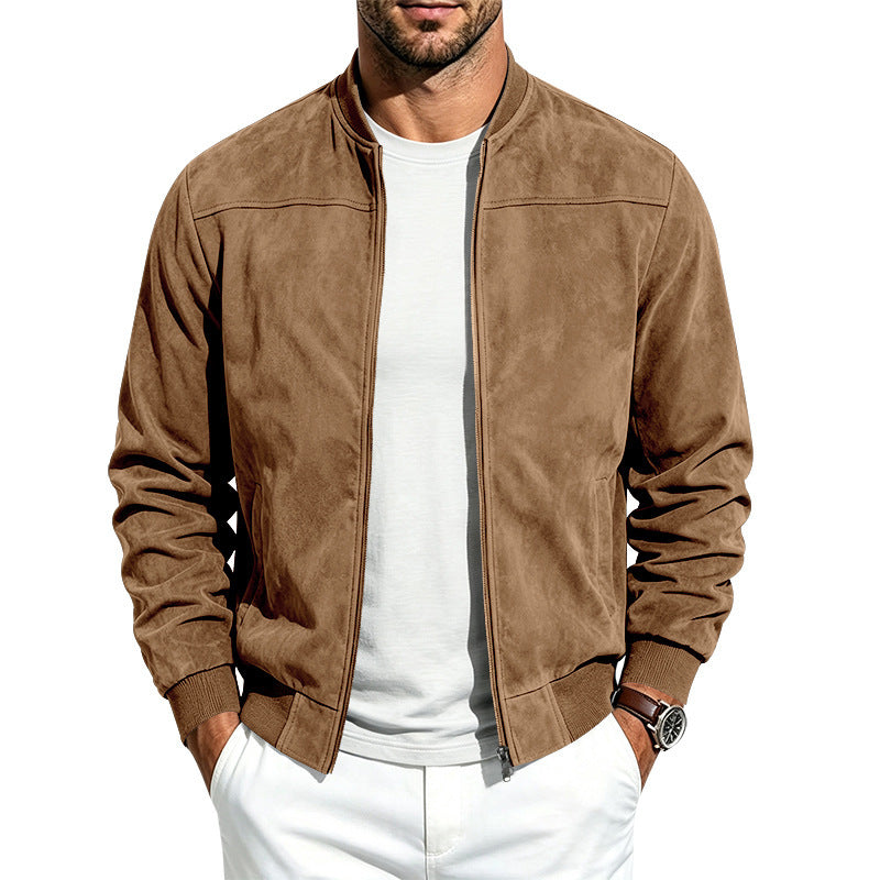 Suede Long Sleeve Zip Up Jacket Men's Casual Outerwear With Full Zip Closure