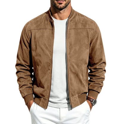 Suede Long Sleeve Zip Up Jacket Men's Casual Outerwear With Full Zip Closure
