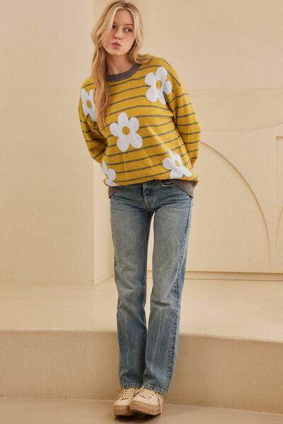 Flower Stripe Round Neck Long Sleeve Sweater for Women